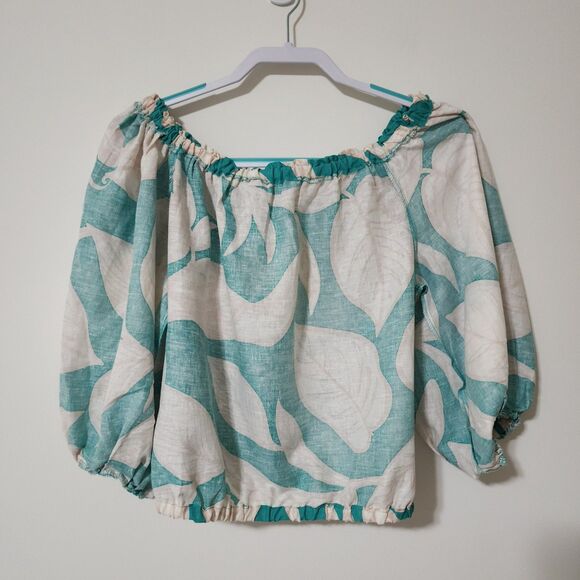 Rachel Zoe Womens Linen Blend Off-the-Shoulder Cropped Blouse Green Beige Size S - Picture 4 of 11